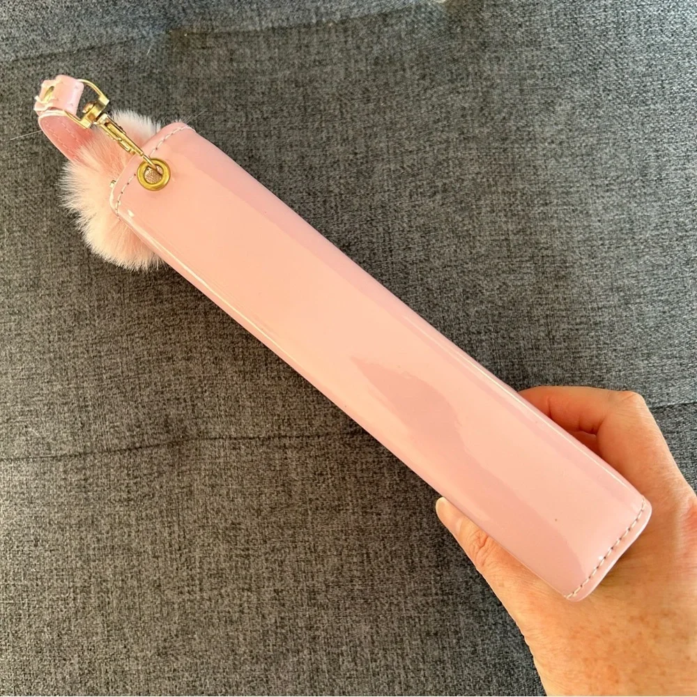 Pink Patent Butterfly Double Zip Around Wallet / Wristlet with Pom Pom Charm